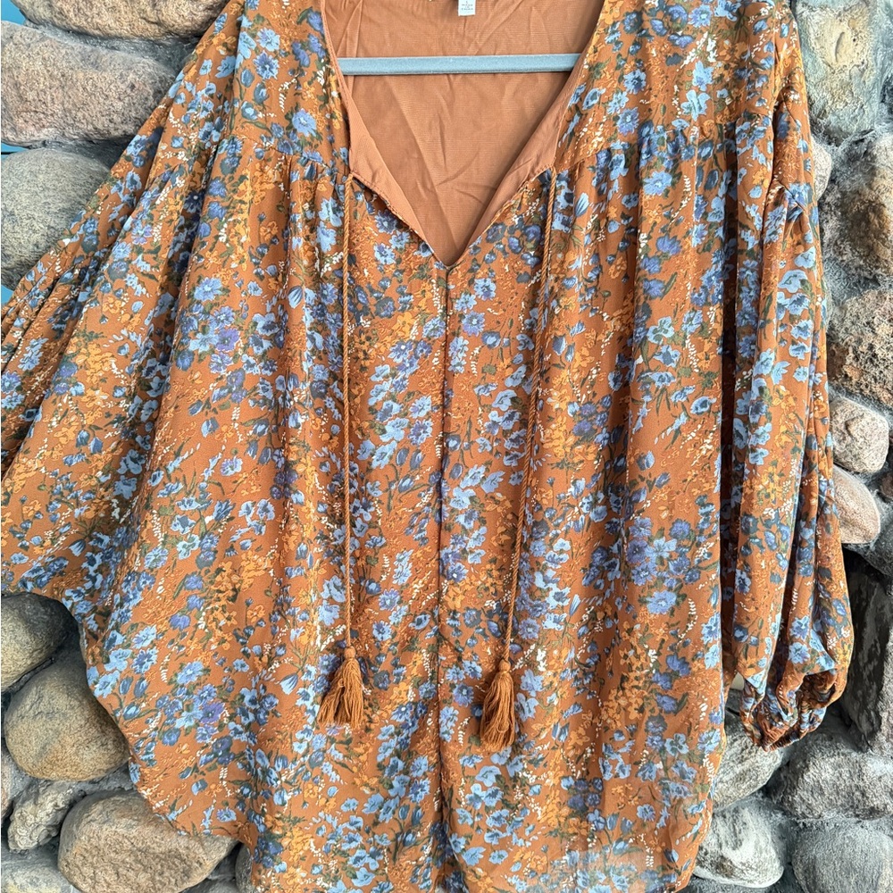 Hayden Floral Blouse - Rust and Sky Blue